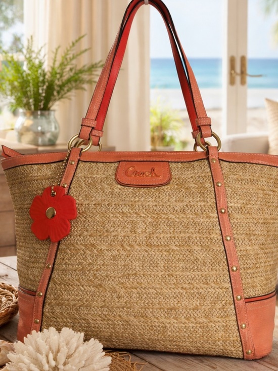 Coach Handbags - Coach Alexandra 2013 Studded Patent  Straw Tote with  Leather &Coach Charm ..